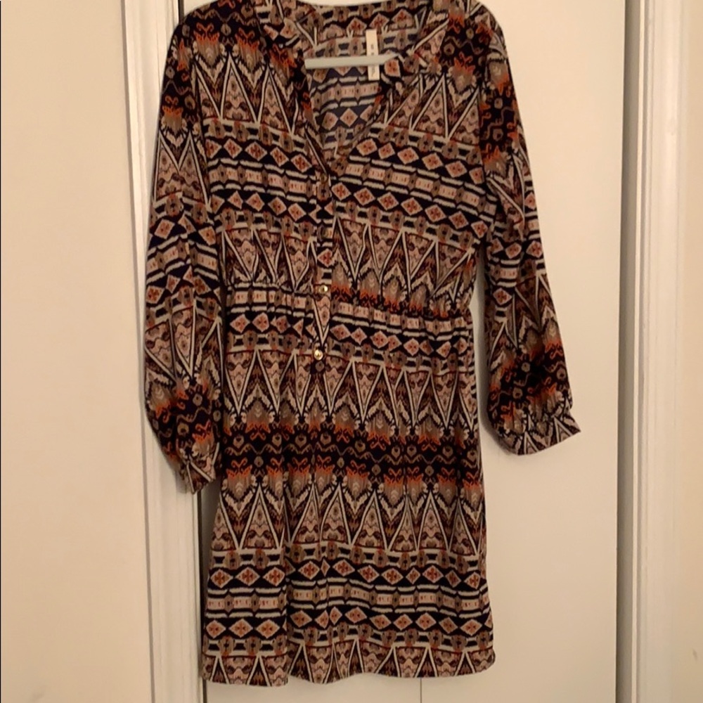 Blue/orange/brown patterned long sleeve dress